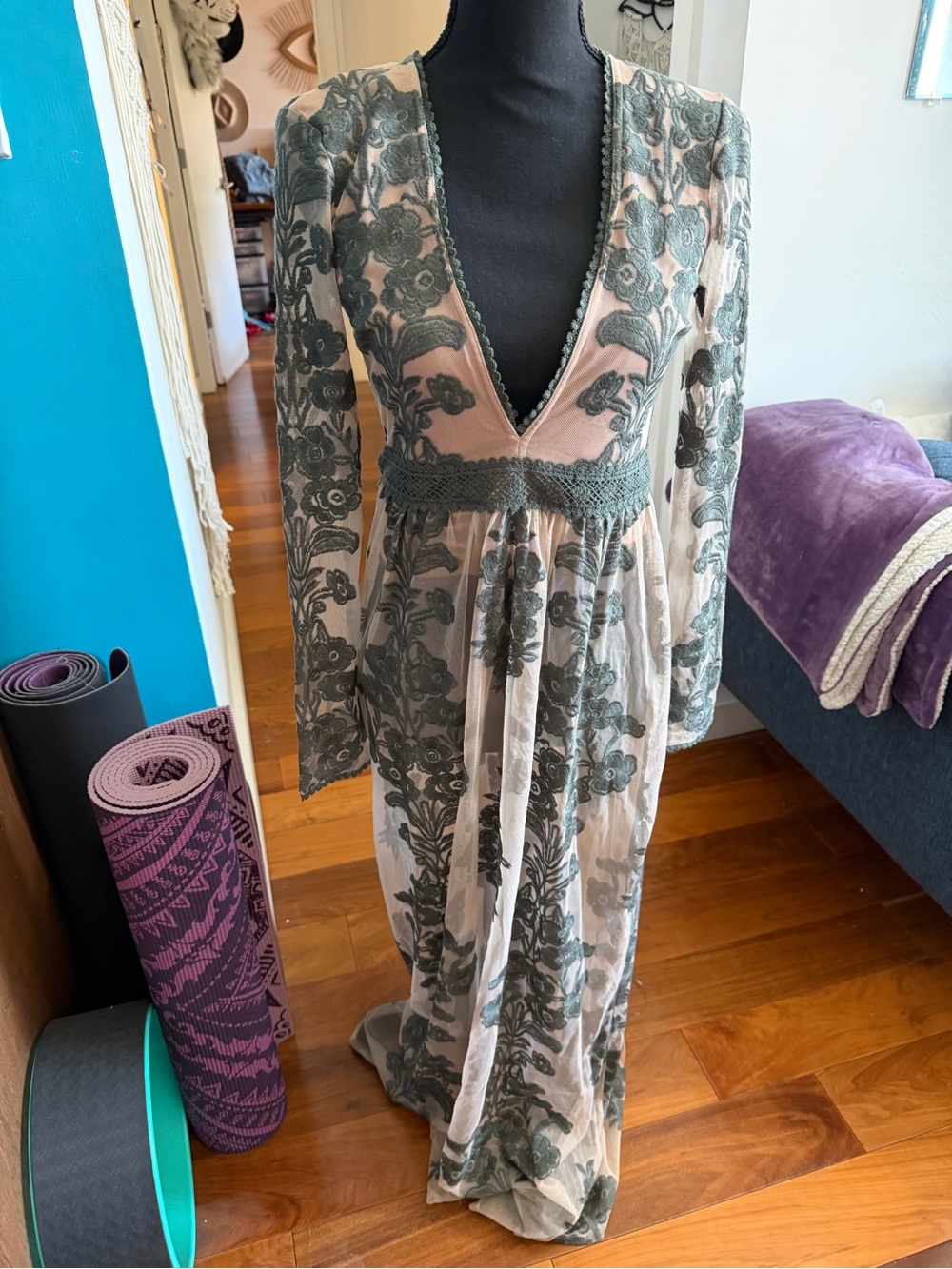For Love & Lemons Green Embroidered V-Neck Maxi Dress
